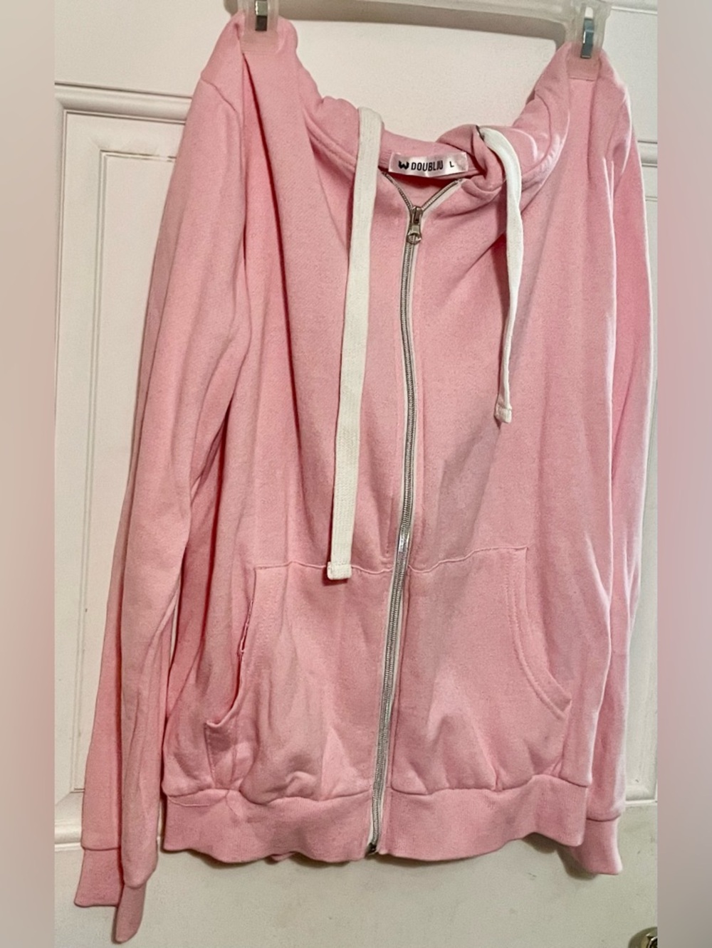 Pink Zip-Up Hoodie Jacket with White Drawstrings